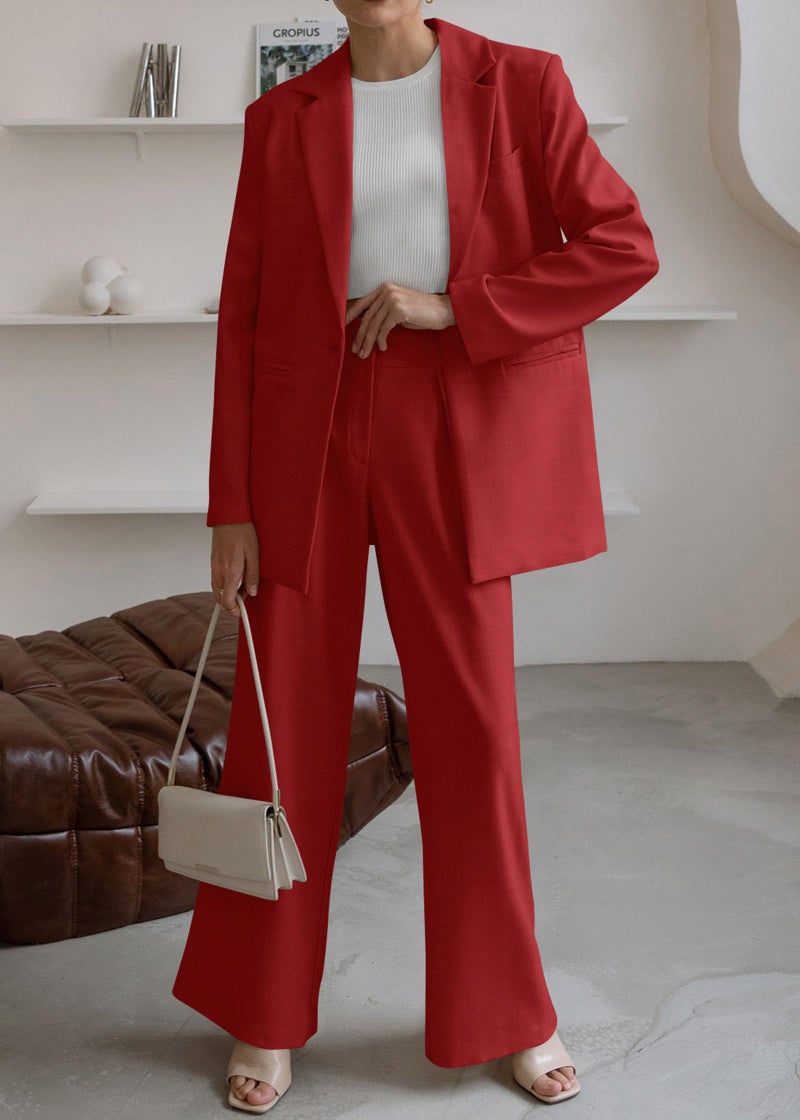KIRUNDO Women Suits 2 Piece Set Business Casual Dressy Oversized Blazer Jacket and Wide Leg Dress Pantsuits Formal Outfits(Red, Large) - Image 3