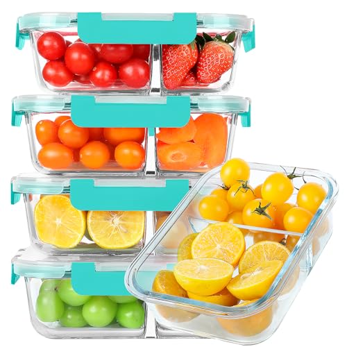 KOMUEE 30 oz 5 Pack Glass Meal Prep Containers 2 Compartments, Glass Food Storage Containers with Lids, Airtight Lunch Box, Microwave, Oven and Freezer Safe, Green - Image 1
