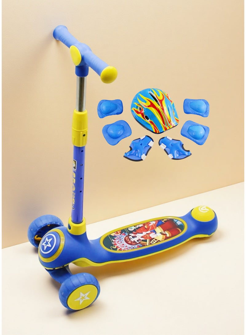 إيزي فيتشور سكوتر إيزي فيوتشر للأطفال من عمر 3 إلى 8 سنوات بإطار قابل للطي، ومقود قابل للتعديل، وعجلات LED من البولي يوريثان، وفرامل خلفية، وموسيقى مدمجة، ومجموعة كاملة من معدات الحماية - Image 1