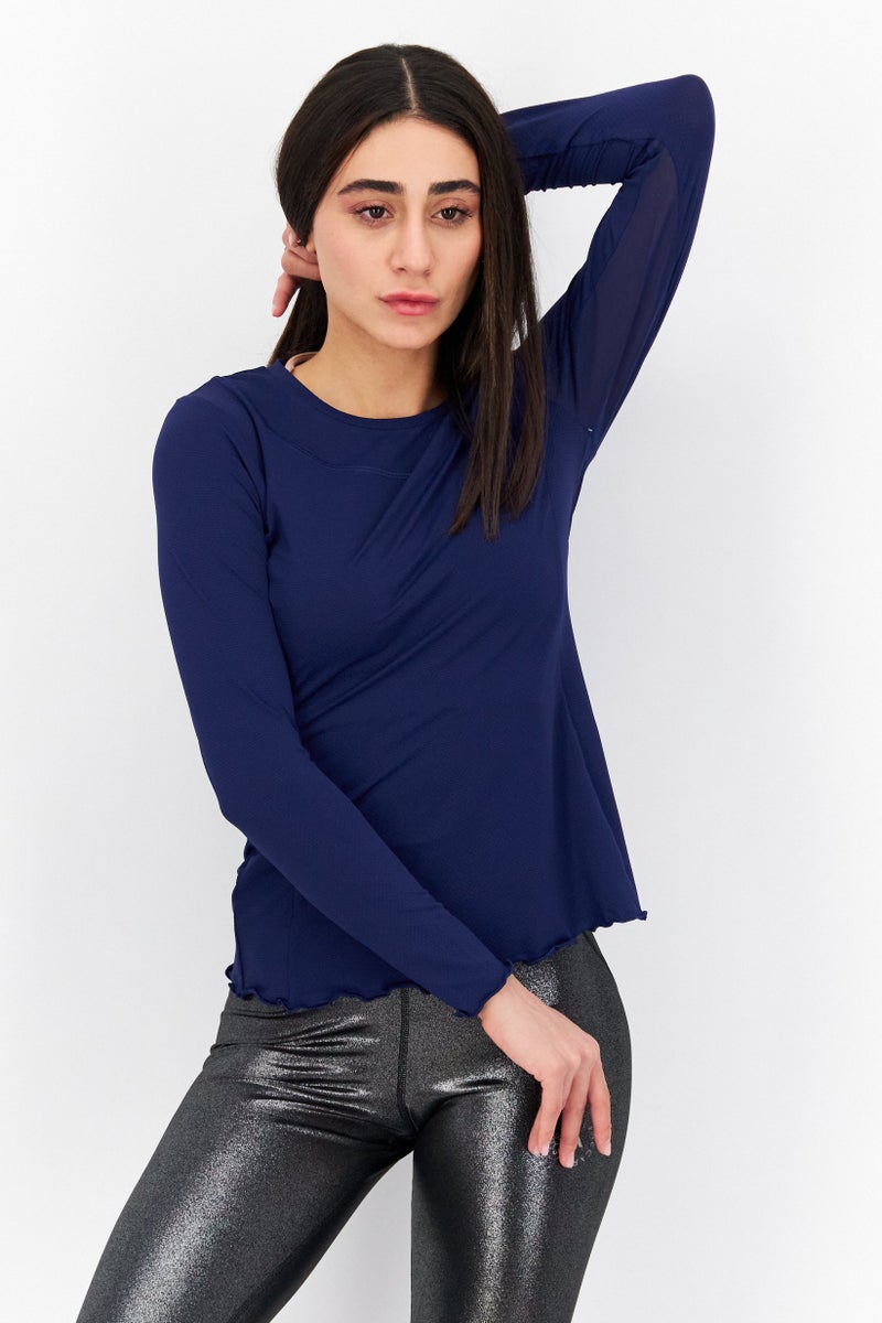 X by Gottex Women Sportswear Fit Long Sleeve Training Top, Navy Blue - Image 1