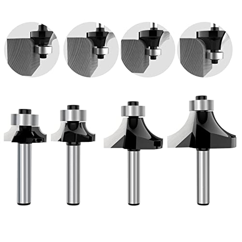ROOCBIT 1/4 Inch Shank Roundover Edging Router Bit Set Woodworking Milling Cutter Tools 1/8" 1/4" 3/8" 1/2" Radius, Red Black Coating Random - Image 1