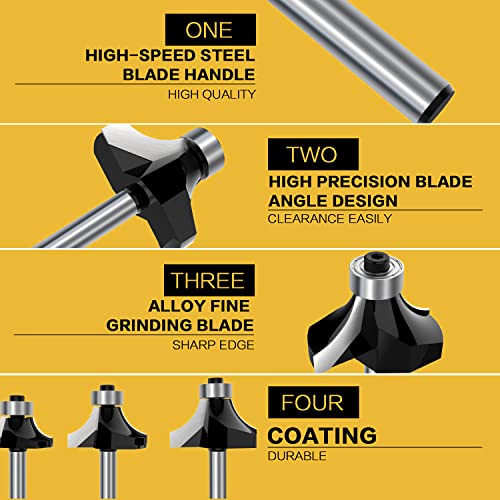 ROOCBIT 1/4 Inch Shank Roundover Edging Router Bit Set Woodworking Milling Cutter Tools 1/8" 1/4" 3/8" 1/2" Radius, Red Black Coating Random - Image 3