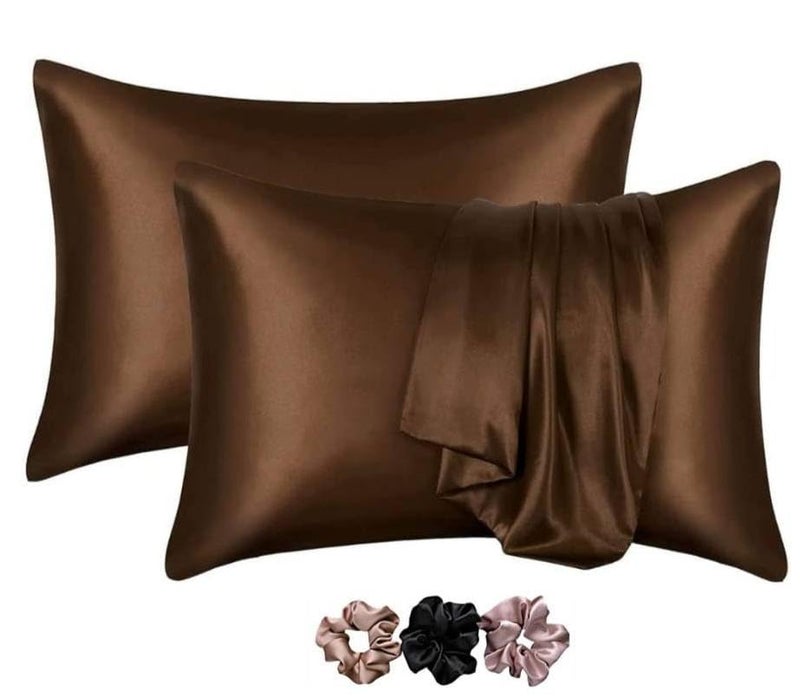 Go well Satin Silk Pillow Covers Pack of 2 for Hair and Skin-with Satin Scrunchies for Women Stylish|Satin Pillow Cover for Hair and Skin|scrunchies for Women 3-Piece|Silk Pillow case(Coffee) 600TC - Image 1