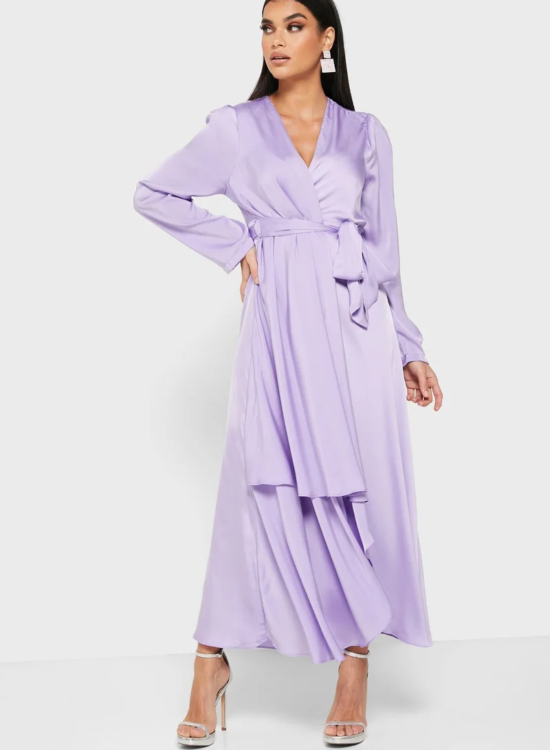 Wrap Front Layered Midi Dress