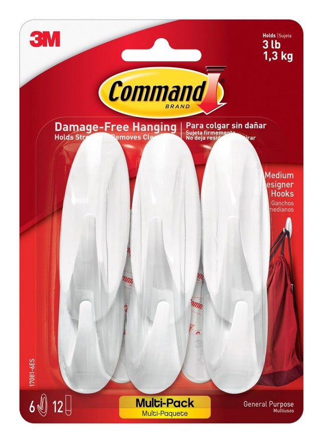 Command Command Medium Designer Hooks, Holdes up to 3 lb, 6 Wall Hooks with 12 Command Strips, White, Damage Free Hanging Hooks for Hanging Decorations in Living Spaces  - Image 1