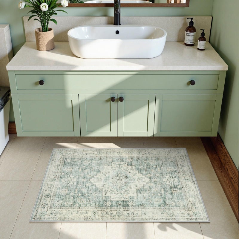 LIVEBOX Washable Rug 2x3 Kitchen Mats for Floor Entryway, Non Slip Front Door Mat for Bathroom Hallway, Boho Low-Pile Small Carpet Farmhouse Throw Indoor Rugs for Bath Sink, Sage Green - Image 3