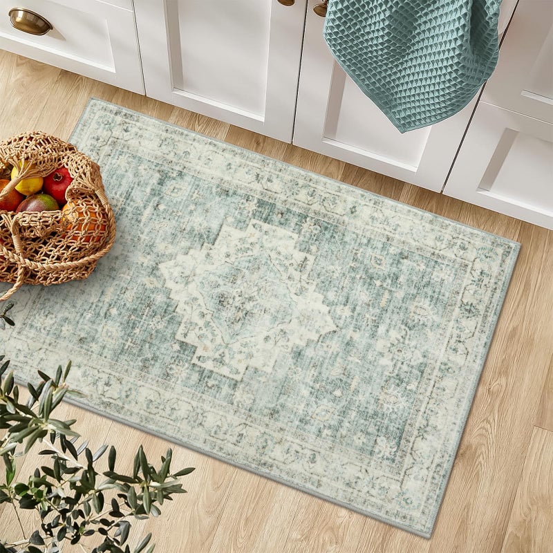LIVEBOX Washable Rug 2x3 Kitchen Mats for Floor Entryway, Non Slip Front Door Mat for Bathroom Hallway, Boho Low-Pile Small Carpet Farmhouse Throw Indoor Rugs for Bath Sink, Sage Green - Image 2
