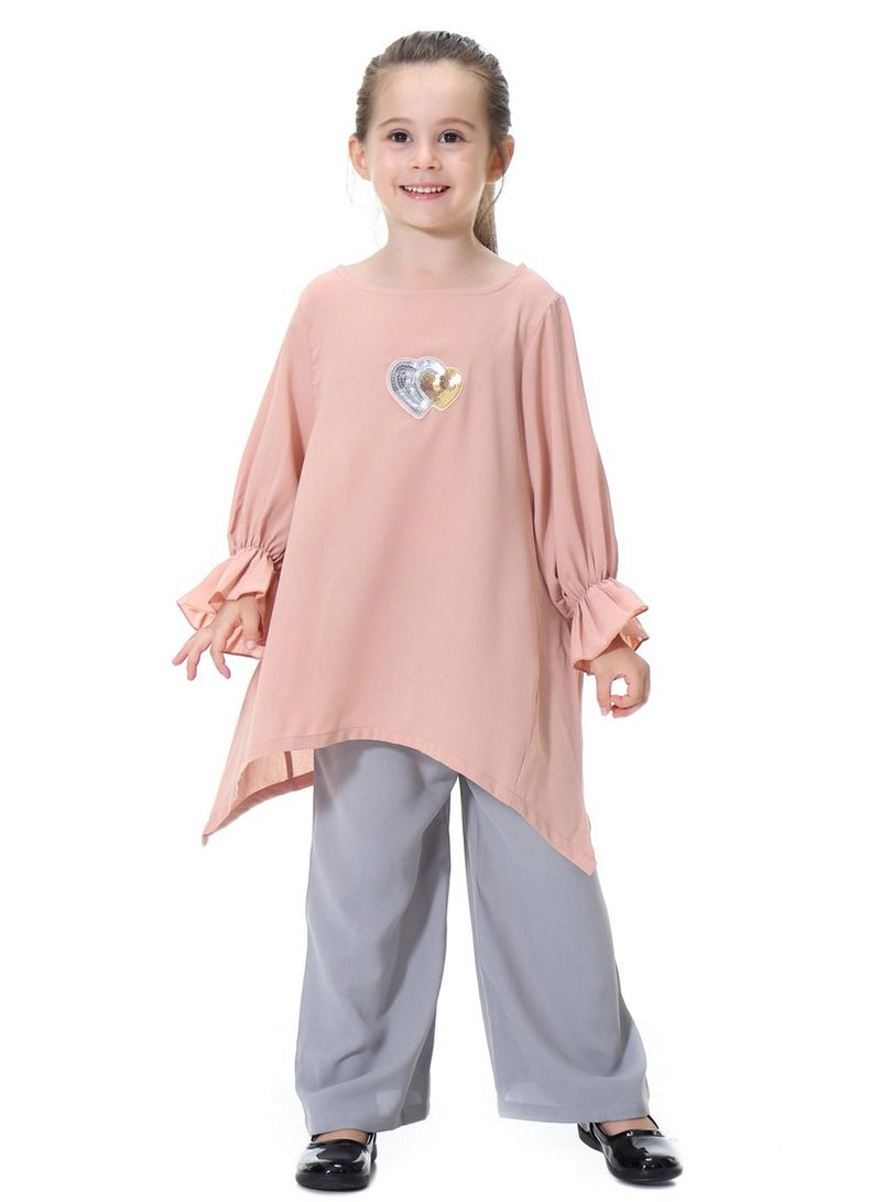 Loquat Girl's 2-Piece Set Outfit Round Neck Flare Sleeve Top And Loose Pants Suit Dusty Pink/Grey  - Image 1