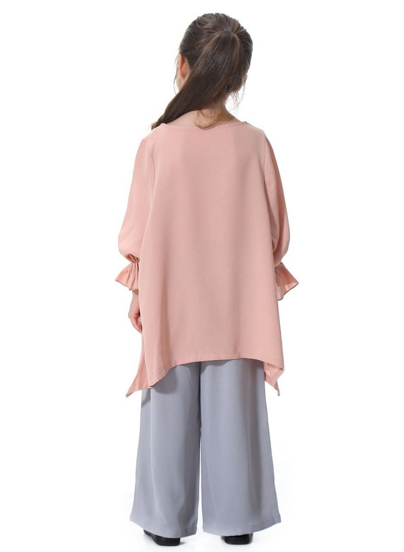 Loquat Girl's 2-Piece Set Outfit Round Neck Flare Sleeve Top And Loose Pants Suit Dusty Pink/Grey  - Image 3
