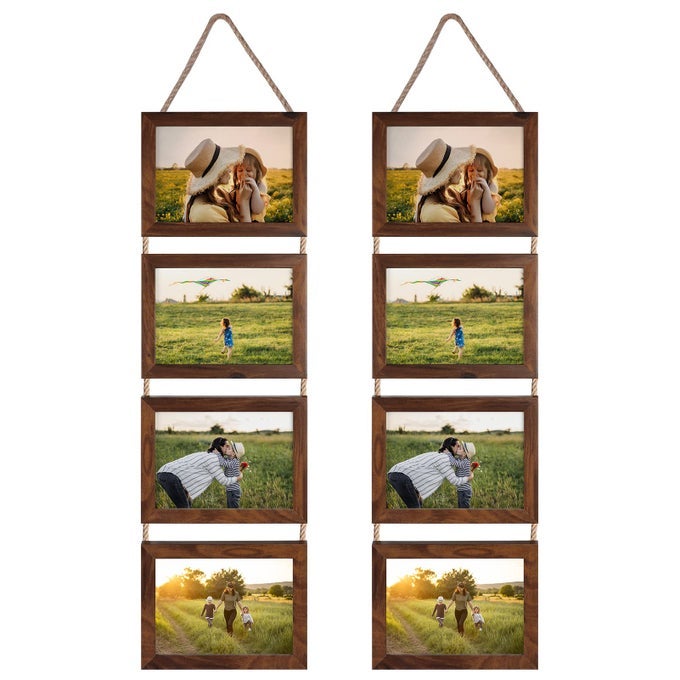 5x7 Hanging Collage Picture Frames Set of 2 Walnut Brown 8 Opening Horizontal Frame Made to Display 5 by 7 Inch Photo for Wall Decor