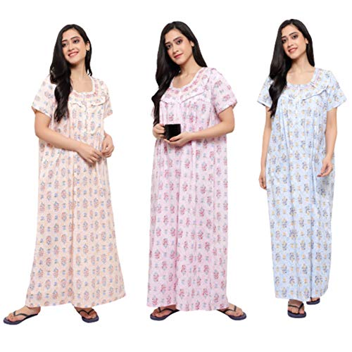 CIERGE Women's Cotton Printed Maxi Smoking Zip Nighty (Free Size; Pack of 3) Multicolour - Image 1