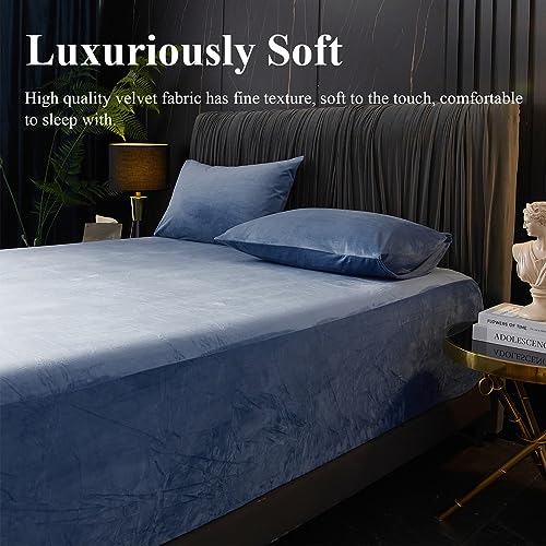 Ivellow Velvet Fitted Sheet Queen Size, 1 Pack Luxury Flannel Bed Sheets with 18” Extra Deep Pocket Queen Fitted Sheet Only Extra Soft Cozy Comfy Warmth Plush Blue Velvet Bottom Sheets No Pillowcases - Image 5