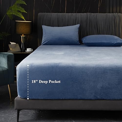 Ivellow Velvet Fitted Sheet Queen Size, 1 Pack Luxury Flannel Bed Sheets with 18” Extra Deep Pocket Queen Fitted Sheet Only Extra Soft Cozy Comfy Warmth Plush Blue Velvet Bottom Sheets No Pillowcases - Image 1