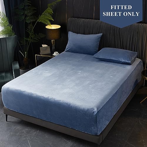 Ivellow Velvet Fitted Sheet Queen Size, 1 Pack Luxury Flannel Bed Sheets with 18” Extra Deep Pocket Queen Fitted Sheet Only Extra Soft Cozy Comfy Warmth Plush Blue Velvet Bottom Sheets No Pillowcases - Image 3
