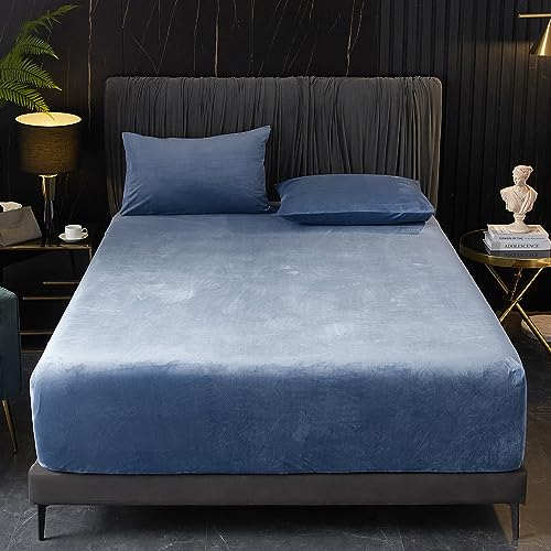 Ivellow Velvet Fitted Sheet Queen Size, 1 Pack Luxury Flannel Bed Sheets with 18” Extra Deep Pocket Queen Fitted Sheet Only Extra Soft Cozy Comfy Warmth Plush Blue Velvet Bottom Sheets No Pillowcases - Image 2