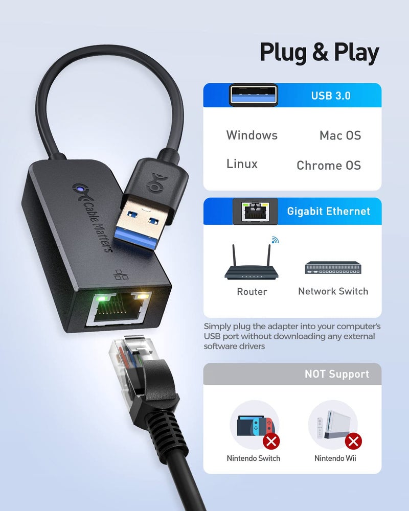 Cable Matters Cable Matters Plug & Play USB to Ethernet Adapter with PXE, MAC Address Clone Support (USB 3.0 to Gigabit Ethernet, Ethernet to USB, Ethernet Adapter for Laptop) Supporting 10/100/1000Mbps  - Image 3
