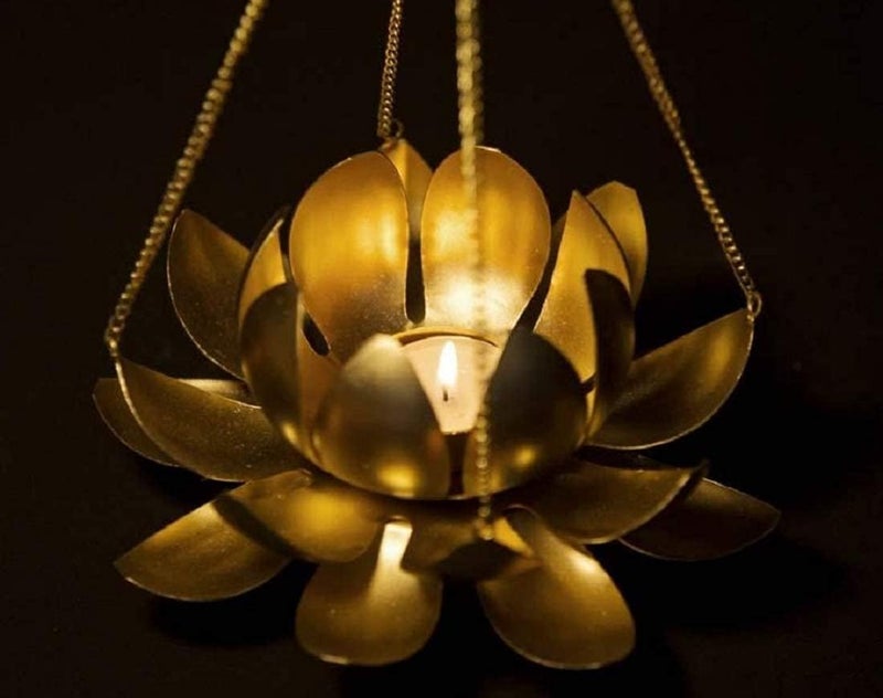 BLLUEX Diwali - Home Decor Metal Lotus Hanging with Tea Light Holder | Design/Look for Festivities Decoration | Gifting Purpose - Made in India (Gold No-1 Set,) - Image 5