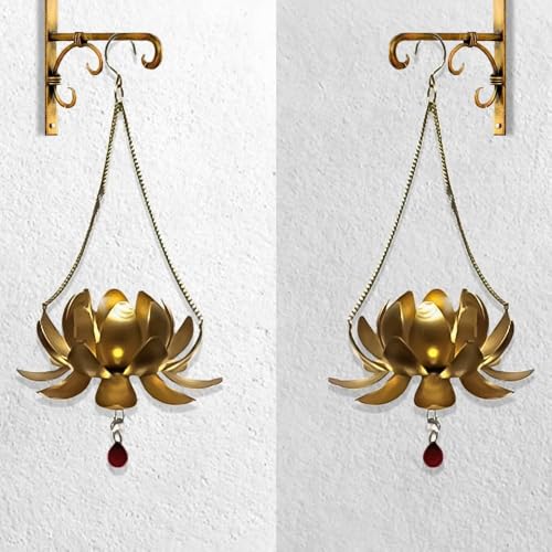 BLLUEX Diwali - Home Decor Metal Lotus Hanging with Tea Light Holder | Design/Look for Festivities Decoration | Gifting Purpose - Made in India (Gold No-1 Set,) - Image 4