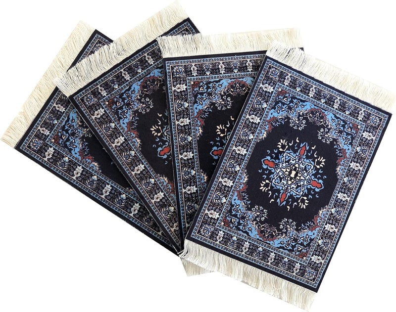 Inusitus Small apartment fit Carpet Coasters, Set of 4 Turkish Rug Style Table Drink mats, Navy Absorbent Kitchen and Dining Accessories, Spill & drip Protection, Rectangular Global trendy simple build - Image 1
