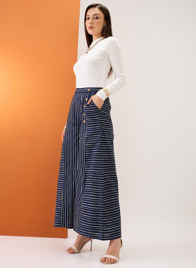 جلو باص بنطال بالازو مخطط بتفصيلة أزرار - Image 1