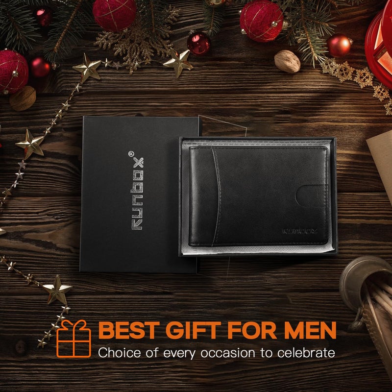 RUNBOX محفظة RUNBOX للرجال من الجلد الأصلي مع مشبك نقود، نحيفة، مانعة لتقنية RFID، ثنائية الطي، محفظة جيب أمامية للرجال مع علبة هدية رقيقة - Image 5