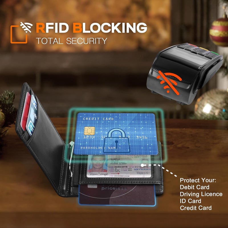 RUNBOX محفظة RUNBOX للرجال من الجلد الأصلي مع مشبك نقود، نحيفة، مانعة لتقنية RFID، ثنائية الطي، محفظة جيب أمامية للرجال مع علبة هدية رقيقة - Image 4