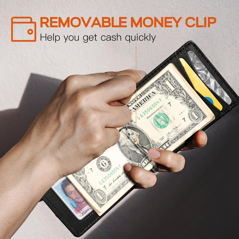 RUNBOX محفظة RUNBOX للرجال من الجلد الأصلي مع مشبك نقود، نحيفة، مانعة لتقنية RFID، ثنائية الطي، محفظة جيب أمامية للرجال مع علبة هدية رقيقة - Image 3