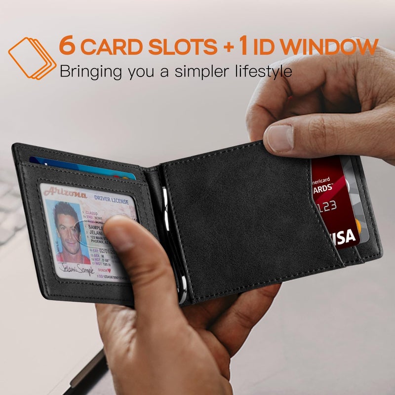 RUNBOX محفظة RUNBOX للرجال من الجلد الأصلي مع مشبك نقود، نحيفة، مانعة لتقنية RFID، ثنائية الطي، محفظة جيب أمامية للرجال مع علبة هدية رقيقة - Image 2