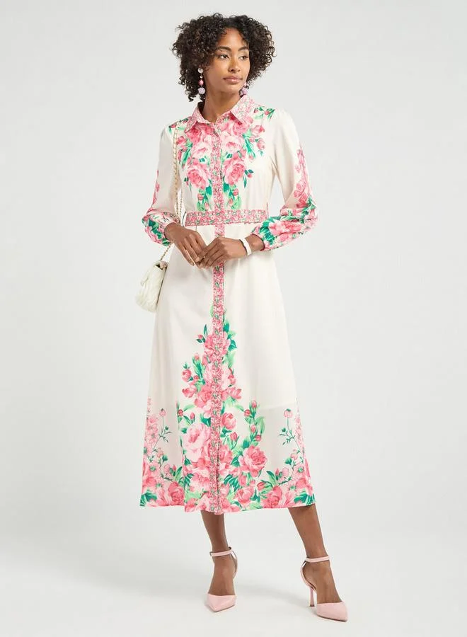 سبلاش فيڤ فستان قميص بطبعات أزهار بأكمام طويلة مع حزام ربط