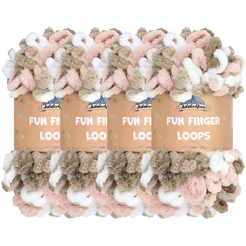 BambooMN JubileeYarn Fun Finger Loops Yarn 100gSkein Jumbo Polyester Pink Brown White 4 Skeins
