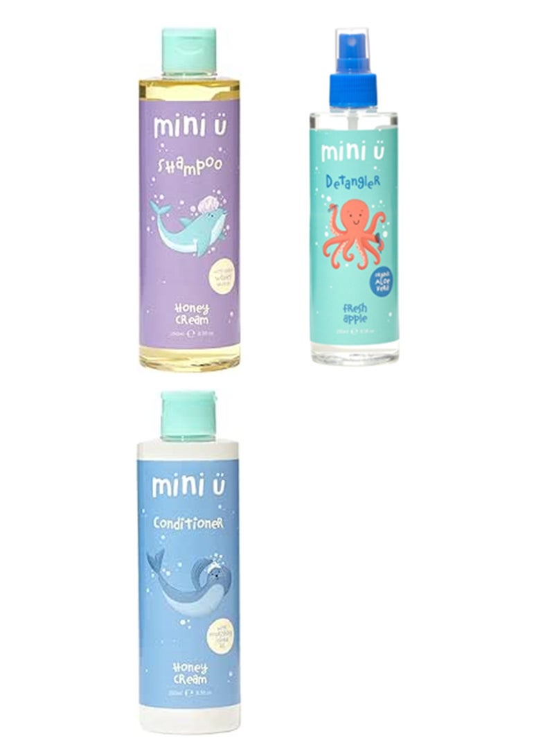 Mini U Honey & Apple Hair Care Trio: Includes 1 Bottle of Honey Cream Shampoo, 1 Bottle of Honey Cream Conditioner, and 1 Bottle of Fresh Apple Detangler - Perfect for Nourishing, Conditioning - Image 1