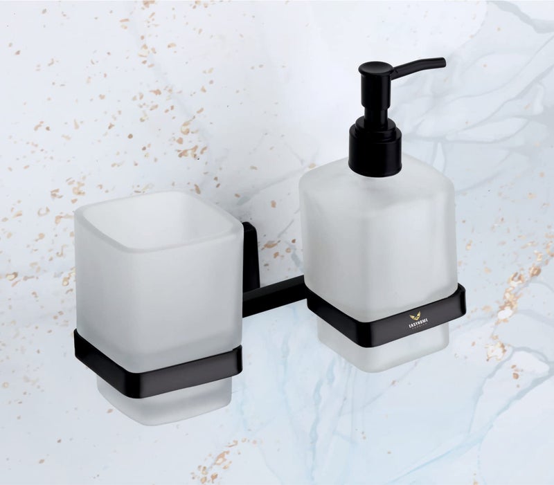 ORCE BATH ARTICLE soap Dispenser with Toothbrush Holder for washbasin Liquid Dispenser and Brush Holder for Bathroom Tumbler Holders dispensers 42(304 Stainless Steel,Balck PVD Finish,Frosted Glass) - Image 1