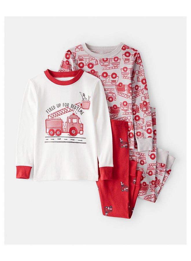 carter's Firetruck Print 100% Cotton Long-Sleeve 4-Piece Pajamas - Red/White - Image 1