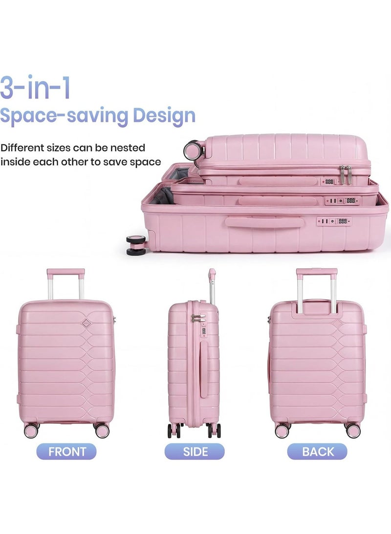 طقم شنط سفر H.yeed من 3 قطع 20 و24 و28 بوصة من PP بغطاء صلب وعجلات دوارة 360° وقفل TSA وأكياس تفريغ هواء، وردي - Image 4