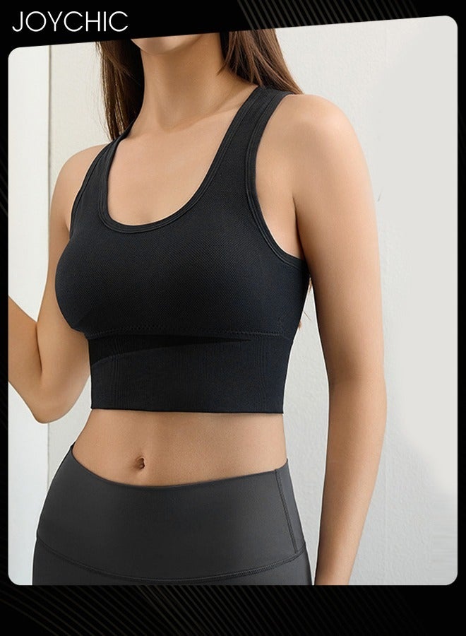 Joychic Women's Racerback Quick-drying Sports Bra without Rims Shockproof Breathable and Comfort Vest with Widen Shoulder Straps for Fitness Running Yoga Black  - Image 2