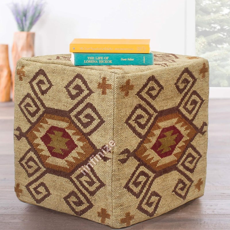 iinfinizeiinfinize Kilim Long Lasting Footrest Pouf Cover Rustic Ottoman Stool for Living Room Muddha Chairs Decorative Square Handmade Wool Jute Pouffe Cover Beige - Image 2