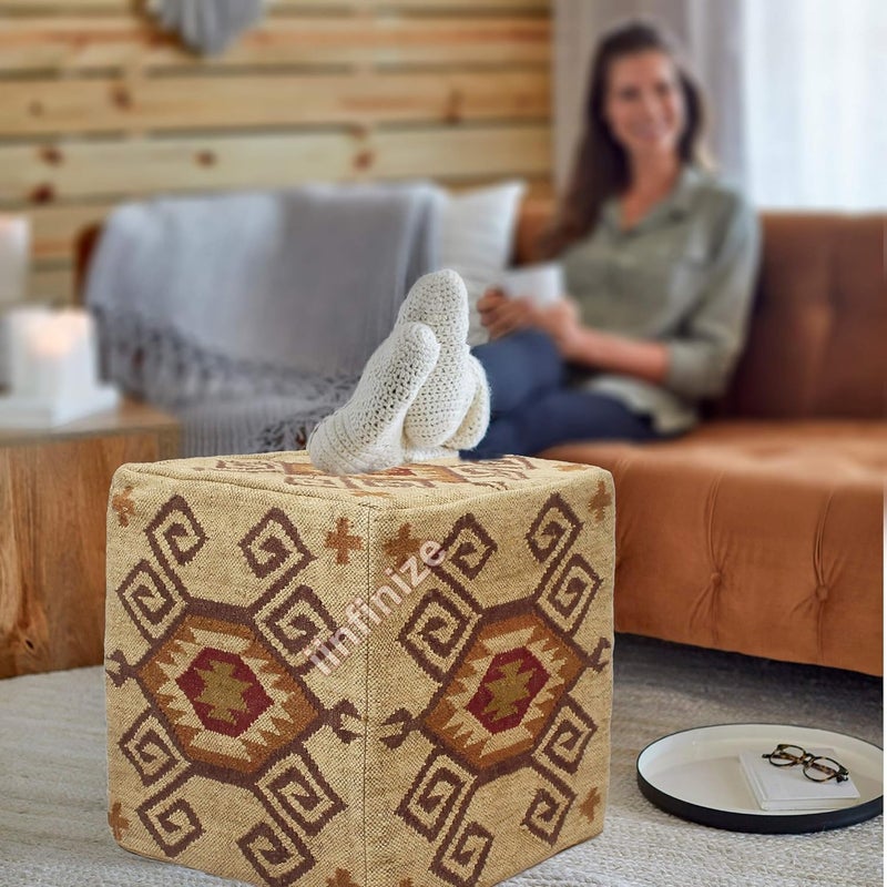 iinfinizeiinfinize Kilim Long Lasting Footrest Pouf Cover Rustic Ottoman Stool for Living Room Muddha Chairs Decorative Square Handmade Wool Jute Pouffe Cover Beige - Image 1