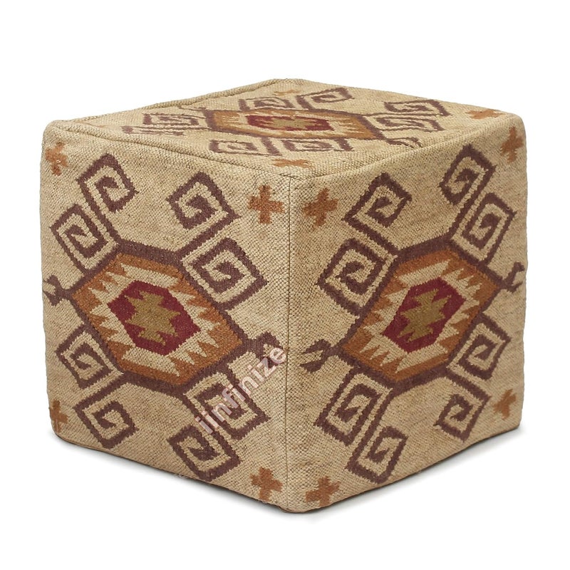 iinfinizeiinfinize Kilim Long Lasting Footrest Pouf Cover Rustic Ottoman Stool for Living Room Muddha Chairs Decorative Square Handmade Wool Jute Pouffe Cover Beige - Image 4
