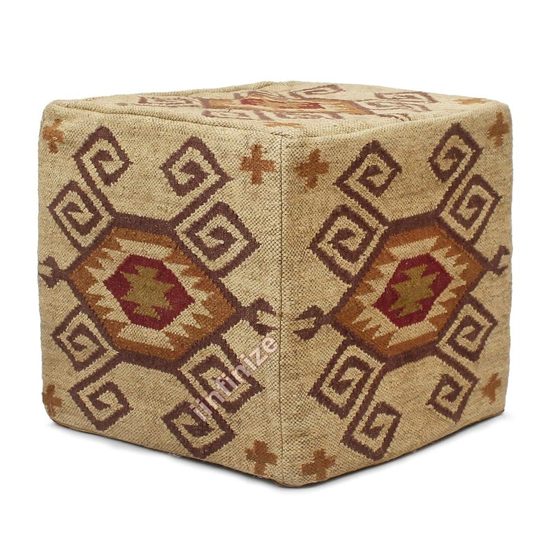 iinfinizeiinfinize Kilim Long Lasting Footrest Pouf Cover Rustic Ottoman Stool for Living Room Muddha Chairs Decorative Square Handmade Wool Jute Pouffe Cover Beige - Image 3