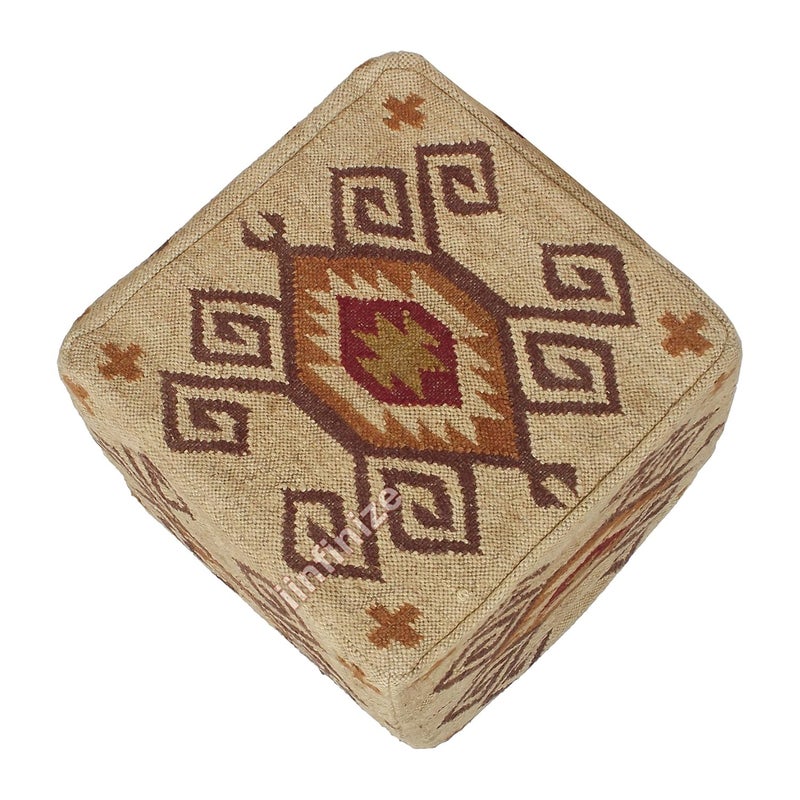 iinfinizeiinfinize Kilim Long Lasting Footrest Pouf Cover Rustic Ottoman Stool for Living Room Muddha Chairs Decorative Square Handmade Wool Jute Pouffe Cover Beige - Image 5