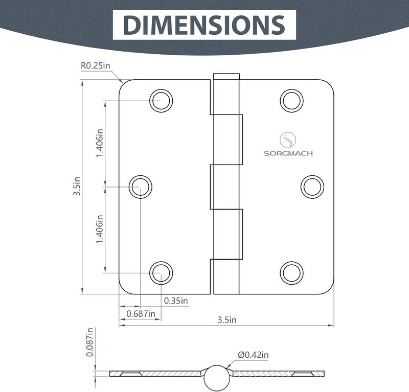 SORGMACH Door Hinges 3 1/2 Inch Matte Black 3.5 Inch Interior Hinges 1/4" Radius Iron Hinge 3 ½"x 3 ½" Door Hardware - 18 Pack - Image 4