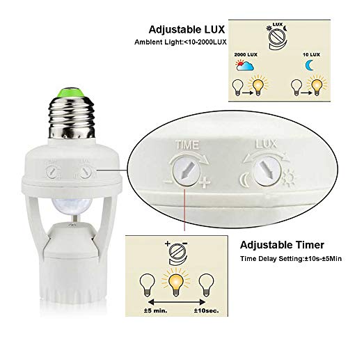 LPHUMEX Motion Sensor Light Socket, PIR Motion E26 Screw Bulb Adapter, Adjustable Auto On/Off Night Light Control, Garage Light, for Basement, Pantry Room, Storage Room, Garage Light - Image 3