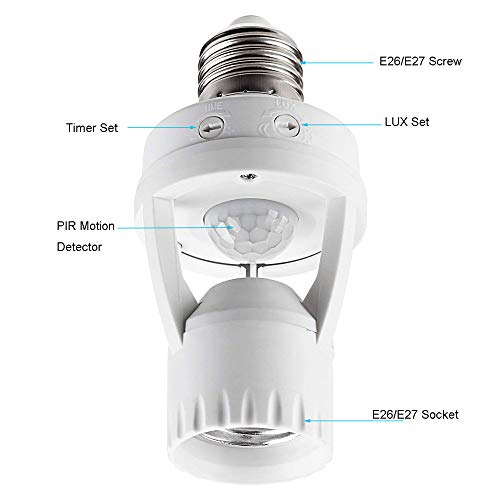 LPHUMEX Motion Sensor Light Socket, PIR Motion E26 Screw Bulb Adapter, Adjustable Auto On/Off Night Light Control, Garage Light, for Basement, Pantry Room, Storage Room, Garage Light - Image 2