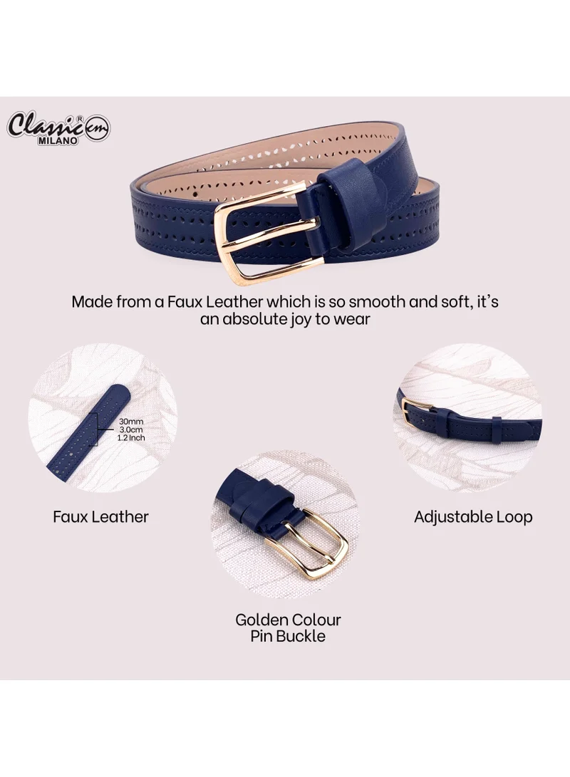 Classic Milano Blue (SGPU44) Classic Milano Women's Belt with Gift Box; Faux Leather Ladies Belt for Dresses, Jeans & Gowns; Stylish Womens Belt; Adjustable Girls Belt; Belt for Women | Full Length: 110 CM (Free Size - Fits up to the waist of 40 Inches / 100 CM) for Women | Best Price UAE