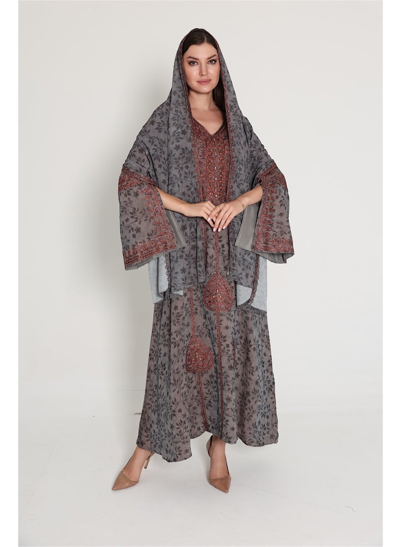 اكسا جلابية عربية بأكمام واسعة مشقوقة مع وشاح رمادي - Image 1