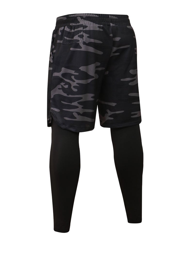 Men Quick Dry Breathable Elastic Running  camouflage Pattern Shorts with attached Leggings - Image 2