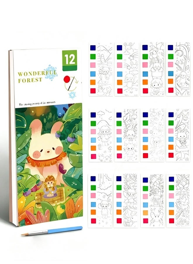 BF HOME Kids Watercolor Painting Book Coloring Set 12 Unique Scene Patterns Paint with Water Books with Brush & Built-in Palette Portable Travel Art Kit Birthday Gifts for Boys Girls - Image 1