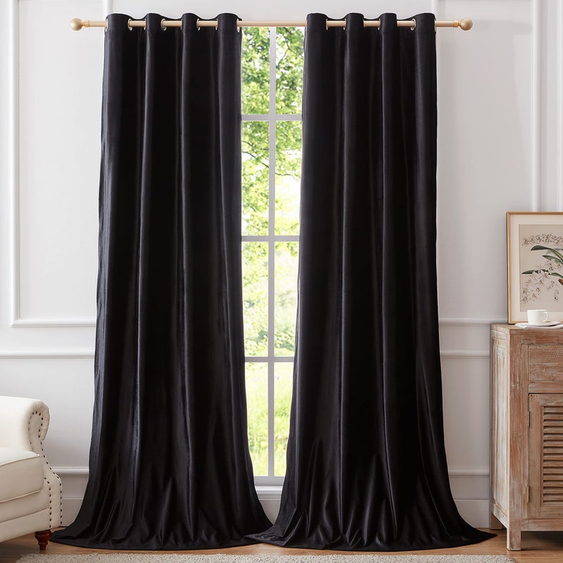 Bulbul Black Velvet Blackout Curtains  96 Inch Length Thermal Insulated Room Darkening Grommet Curtains for Living Room Set of 2 Panels