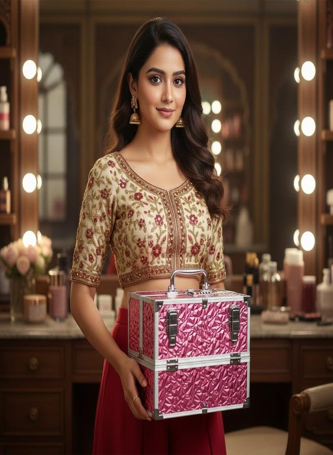 Adson Professional Makeup Box Cosmetics Case Jewelry Organiser Vanity Make Up Storage Box Beauty Train Case Lockable with Keys (Diamond Glow Pink) - Image 4