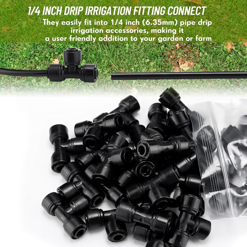 Glooglitter 30 Pcs 1/4" Drip Irrigation Tee Connectors for Drip Tube Quick Connect Drip Irrigation Parts Fittings for 1/4 Inch(6.35mm) Irrigation Tubing Drip or Sprinkler (Black,Tee Connector) - Image 4